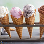 Variety,Of,Ice,Cream,Scoops,In,Cones,With,Chocolate,,Vanilla